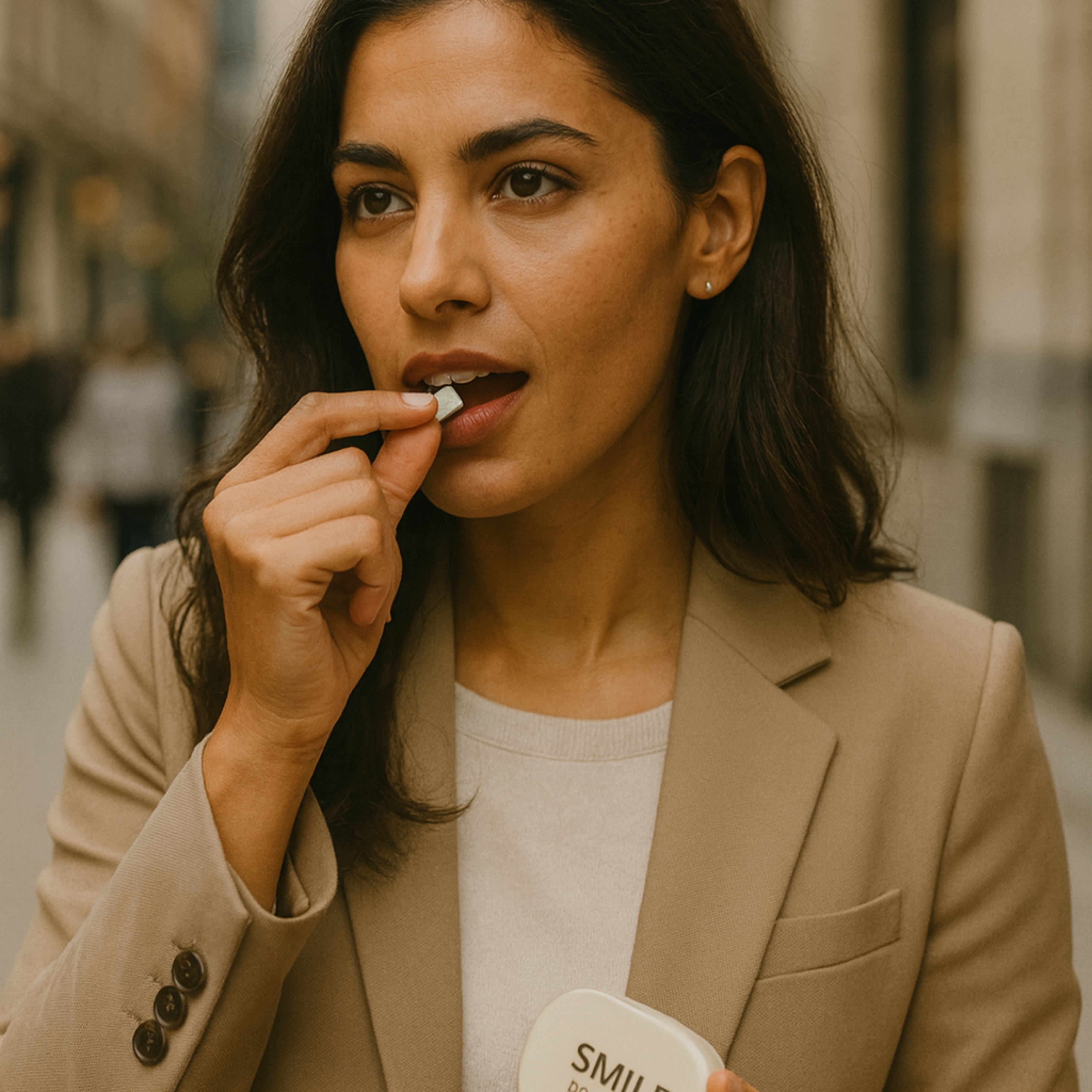 Woman taking a smile booster outdoors, holding a container labeled 'smile booster'